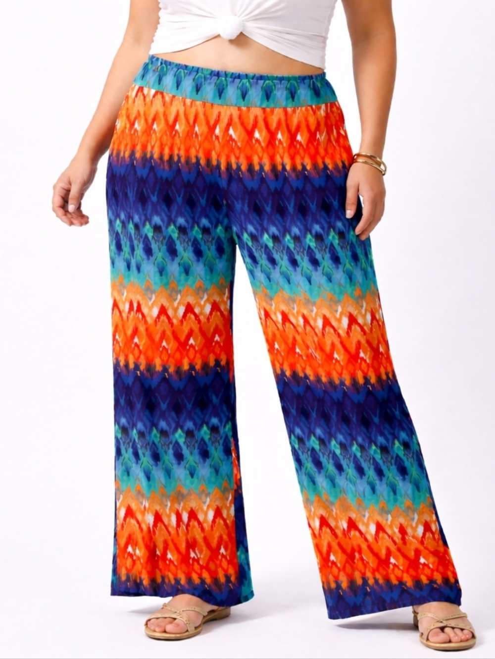 Violet B boho wide leg palazzo pants multicolor ikat print XL